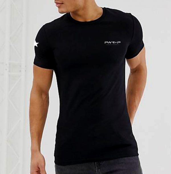 man waering power x purpose classic muscle fit t-shirt in black.