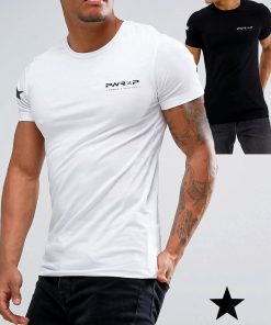 man waering power x purpose classic muscle fit t-shirt in black & white