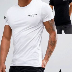 man waering power x purpose classic muscle fit t-shirt in black & white