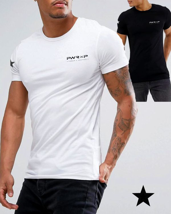 man waering power x purpose classic muscle fit t-shirt in black & white