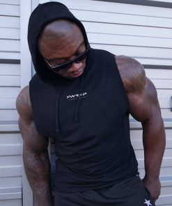 powerxpurpose sleeveless stretch hoodie front model view