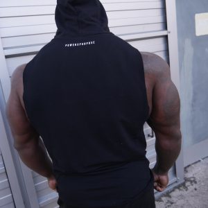 Muscular bodybuilder wearing power x purpose don't talk just lift sleeveless hoodie.