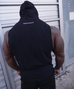 Muscular bodybuilder wearing power x purpose don't talk just lift sleeveless hoodie.