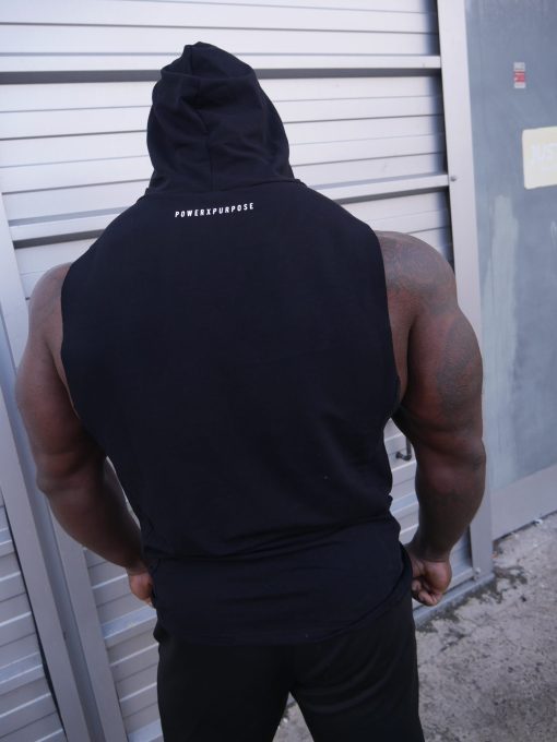 Muscular bodybuilder wearing power x purpose don't talk just lift sleeveless hoodie.