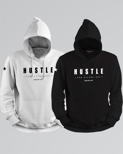 black & white sports polyester power x purpose hoodie on white background