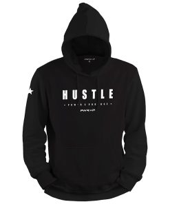 black sports polyester power x purpose hoodie on white background