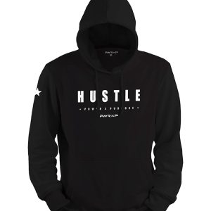 black sports polyester power x purpose hoodie on white background
