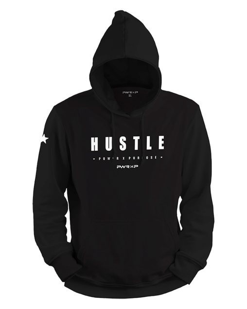 black sports polyester power x purpose hoodie on white background