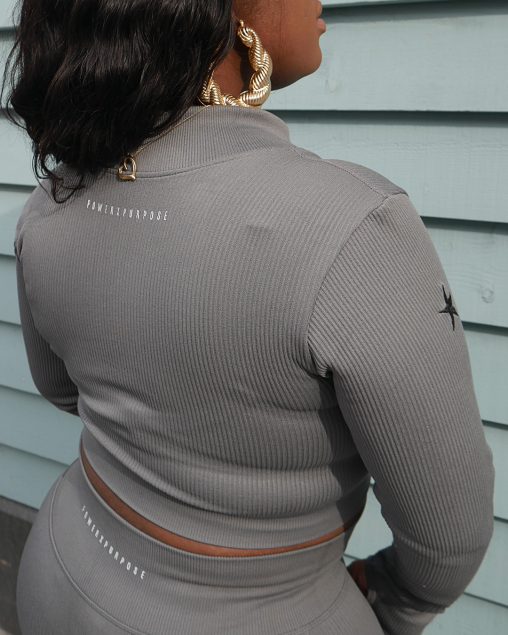 WOMEN'S RIBBED LONG SLEEVED TOP (Grey) - Image 2