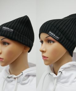 girl wearing power x purpose flip down beanie wooly hat in black
