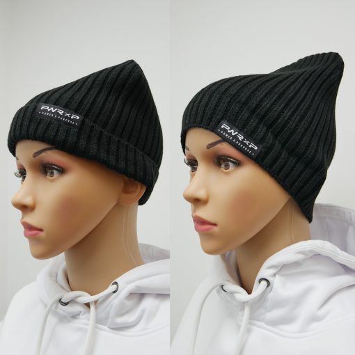 girl wearing power x purpose flip down beanie wooly hat in black