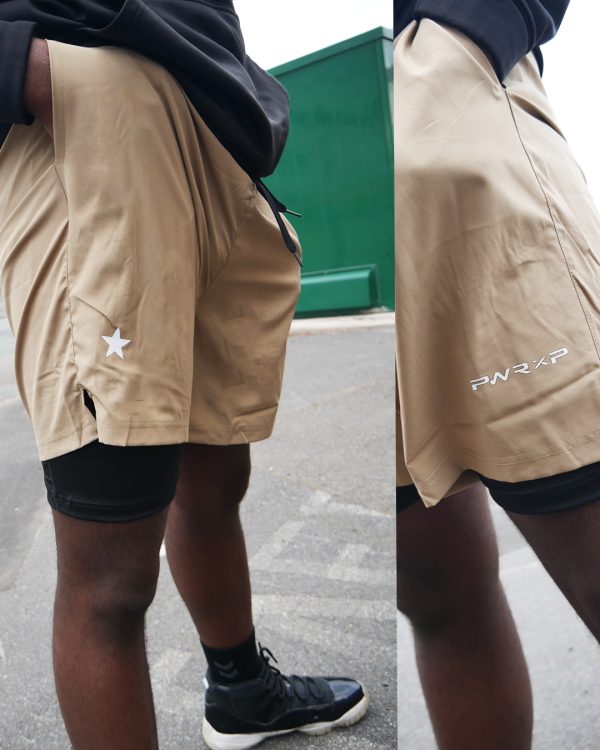 power x purpose clearance 2 in 1 phone pocket shorts sand colour