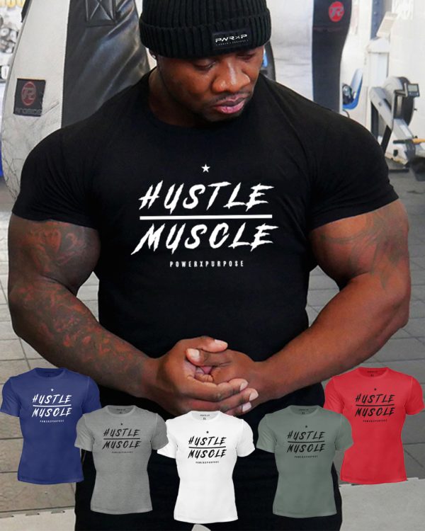 muscular black man wearing power x purpose hustle muscle fit flex t-shirt