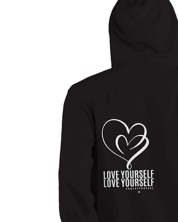 back of love yourself hoodie showing textured graphic print.