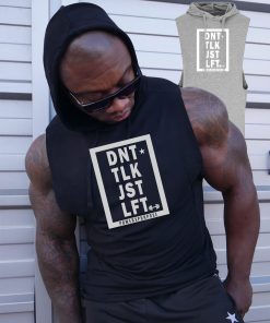 Muscular bodybuilder wearing power x purpose don't talk just lift sleeveless hoodie.