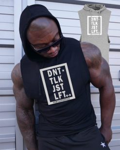 Muscular bodybuilder wearing power x purpose don't talk just lift sleeveless hoodie.