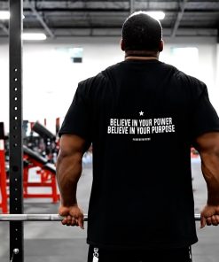 bodybuilder lifting heavy weights in the power x purpose believe in your power t-shirt